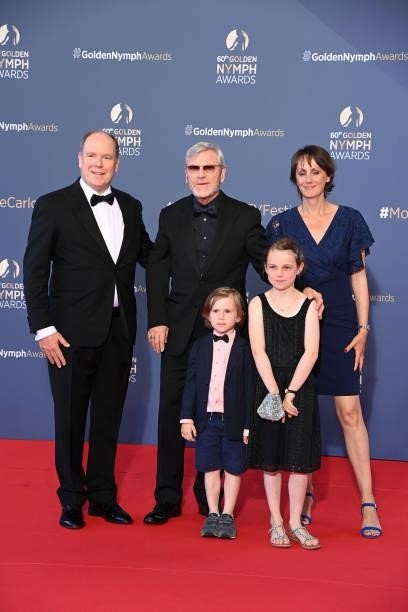 Prince Albert II of Monaco, Tcheky Karyo and Valérie Kéruzoré arrive at the closing ceremony of the 60th Monte Carlo TV Festival on June 22, 2021 in...