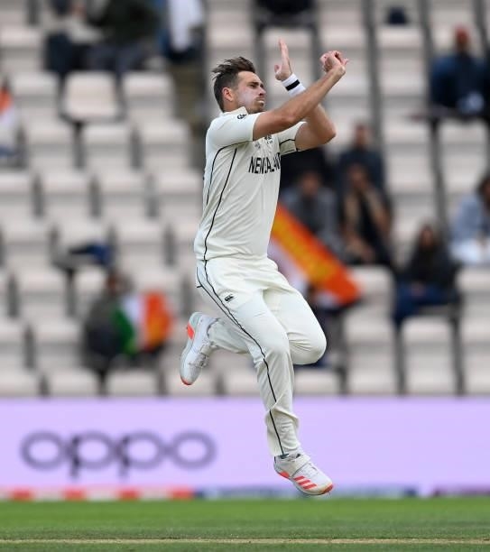 Tim Southee of New Zealand bowls during Day 5 of the ICC World Test Championship Final between India and New Zealand at The Ageas Bowl on June 22,...