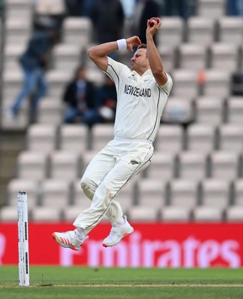 Neil Wagner of New Zealand bowls during Day 5 of the ICC World Test Championship Final between India and New Zealand at The Ageas Bowl on June 22,...