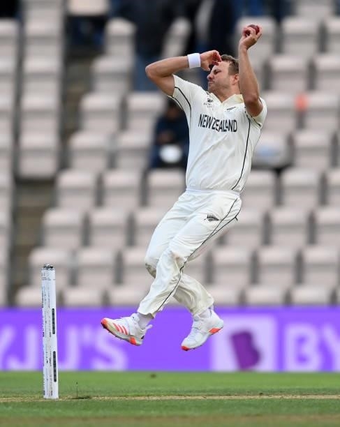 Neil Wagner of New Zealand bowls during Day 5 of the ICC World Test Championship Final between India and New Zealand at The Ageas Bowl on June 22,...