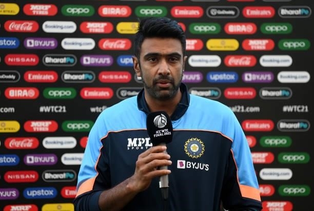 Ravichandran Ashwin of India is interviewed by the host broadcast at stumps on Day 5 of the ICC World Test Championship Final between India and New...