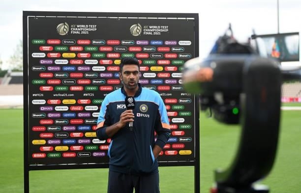 Ravichandran Ashwin of India is interviewed by the host broadcast at stumps on Day 5 of the ICC World Test Championship Final between India and New...