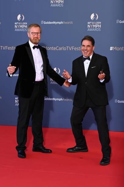 Mikhail Solodovnikov and Richard Sanchez arrive at the closing ceremony of the 60th Monte Carlo TV Festival on June 22, 2021 in Monte-Carlo, Monaco.