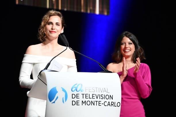 Laura Ledesma and Amparo Pinero speak on stage during the closing ceremony of the 60th Monte Carlo TV Festival on June 22, 2021 in Monte-Carlo,...