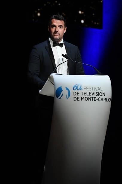 Arnaud Ducret speaks on stage during the closing ceremony of the 60th Monte Carlo TV Festival on June 22, 2021 in Monte-Carlo, Monaco.