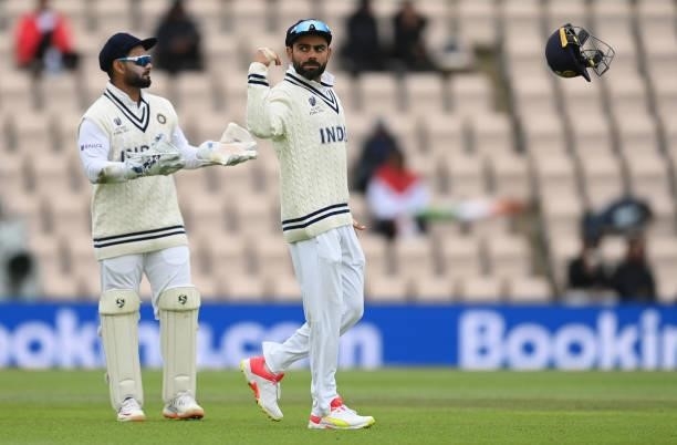Virat Kohli and Rishabh Pant of India during Day 5 of the ICC World Test Championship Final between India and New Zealand at The Hampshire Bowl on...