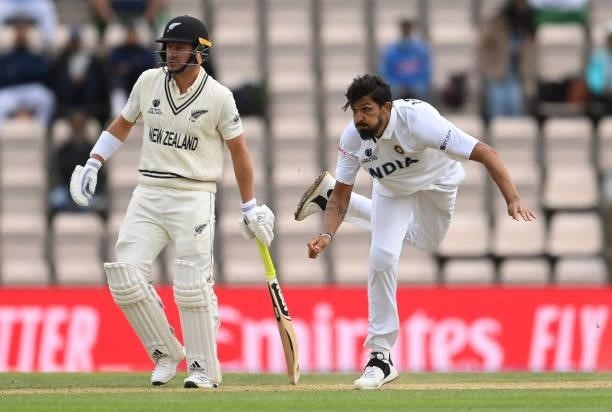 Ishant Sharma of India bowls past Neil Wagner of New Zealand during Day 5 of the ICC World Test Championship Final between India and New Zealand at...