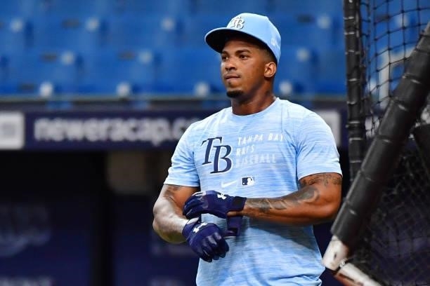 Wander Franco of the Tampa Bay Rays looks on during batting practice before a game against the Boston Red Sox at Tropicana Field on June 22, 2021 in...
