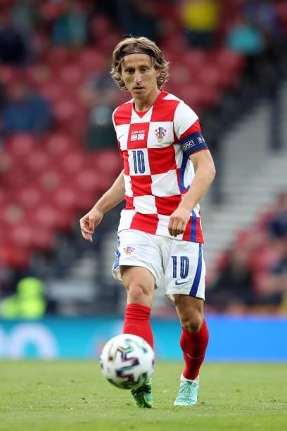 Luka Modric of Croatia in action during the UEFA Euro 2020 Championship Group D match between Croatia and Scotland at Hampden Park on June 22, 2021...