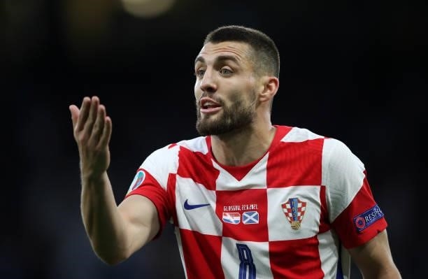 Mateo Kovacic of Croatia reacts during the UEFA Euro 2020 Championship Group D match between Croatia and Scotland at Hampden Park on June 22, 2021 in...