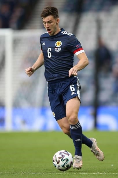 Kieran Tierney of Scotland on the ball during the UEFA Euro 2020 Championship Group D match between Croatia and Scotland at Hampden Park on June 22,...