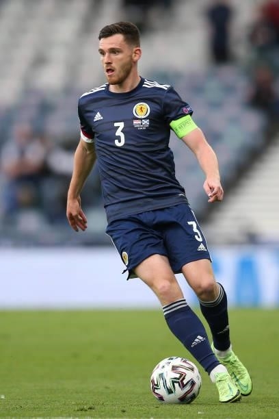 Andrew Robertson of Scotland on the ball during the UEFA Euro 2020 Championship Group D match between Croatia and Scotland at Hampden Park on June...