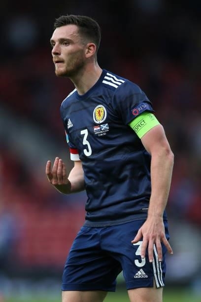 Andrew Robertson of Scotland during the UEFA Euro 2020 Championship Group D match between Croatia and Scotland at Hampden Park on June 22, 2021 in...
