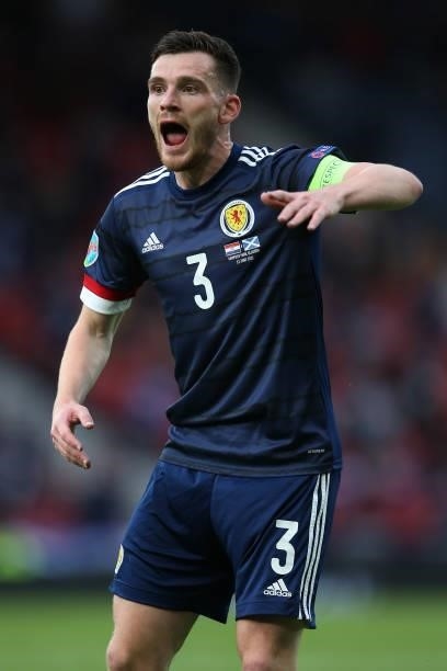 Andrew Robertson of Scotland reacts during the UEFA Euro 2020 Championship Group D match between Croatia and Scotland at Hampden Park on June 22,...