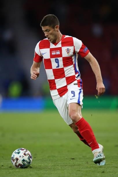 Andrej Kramaric of Croatia on the ball during the UEFA Euro 2020 Championship Group D match between Croatia and Scotland at Hampden Park on June 22,...
