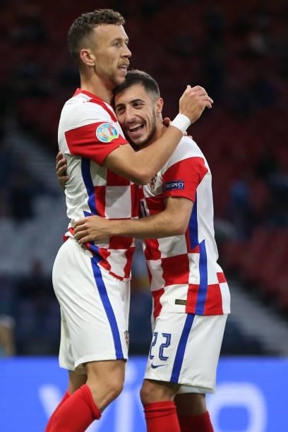 Ivan Perisic of Croatia celebrates with Josip Juranovic after scoring their side's third goal during the UEFA Euro 2020 Championship Group D match...