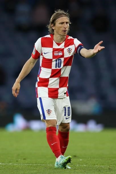 Luka Modric of Croatia reacts during the UEFA Euro 2020 Championship Group D match between Croatia and Scotland at Hampden Park on June 22, 2021 in...