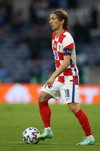 Luka Modric of Croatia on the ball during the UEFA Euro 2020 Championship Group D match between Croatia and Scotland at Hampden Park on June 22, 2021...