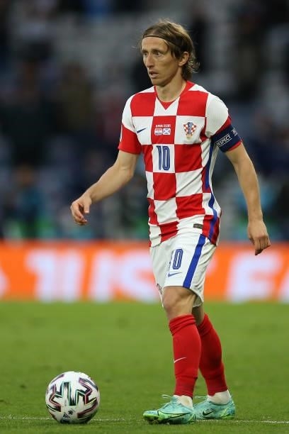 Luka Modric of Croatia on the ball during the UEFA Euro 2020 Championship Group D match between Croatia and Scotland at Hampden Park on June 22, 2021...