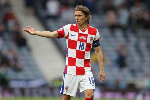 Luka Modric of Croatia reacts during the UEFA Euro 2020 Championship Group D match between Croatia and Scotland at Hampden Park on June 22, 2021 in...