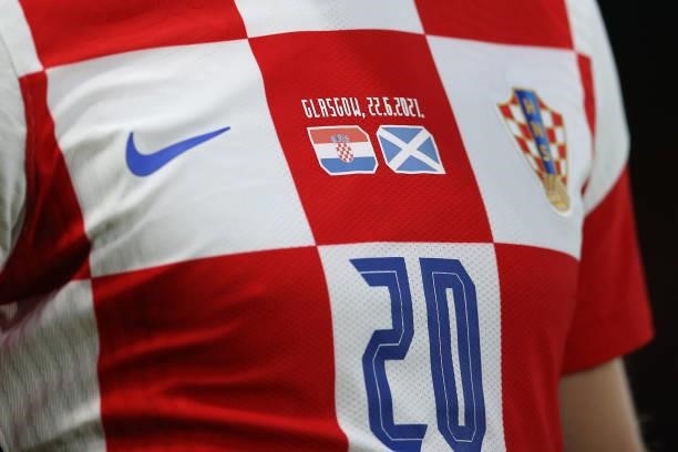 Detail of the shirt of Bruno Petkovic of Croatia on the ball during the UEFA Euro 2020 Championship Group D match between Croatia and Scotland at...