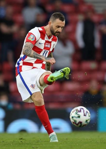 Marcelo Brozovic of Croatia passes the ball during the UEFA Euro 2020 Championship Group D match between Croatia and Scotland at Hampden Park on June...