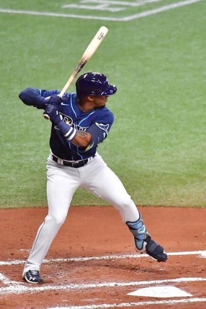 Wander Franco of the Tampa Bay Rays prepares to take a swing during his Major League debut in the first inning against the Boston Red Sox at...