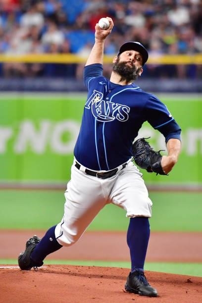 Andrew Kittredge of the Tampa Bay Rays delivers a pitch to the Boston Red Sox in the first inning at Tropicana Field on June 22, 2021 in St...