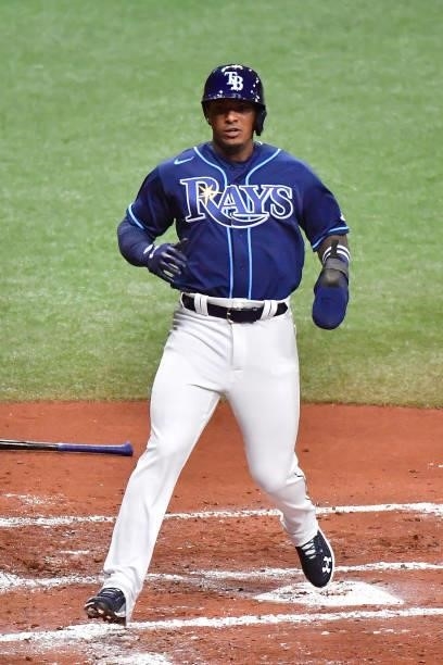 Wander Franco of the Tampa Bay Rays scores during his Major League debut after being batted in by Francisco Mejia in the first inning against the...