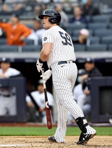 Luke Voit of the New York Yankees watches his solo home run in the first inning against the Kansas City Royals at Yankee Stadium on June 22, 2021 in...