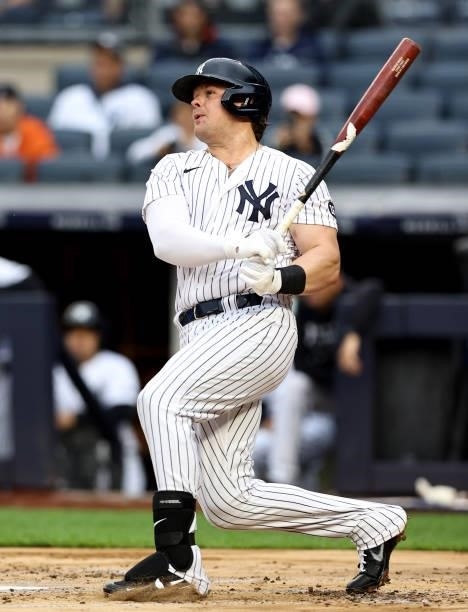 Luke Voit of the New York Yankees hits a solo home run in the first inning against the Kansas City Royals at Yankee Stadium on June 22, 2021 in the...
