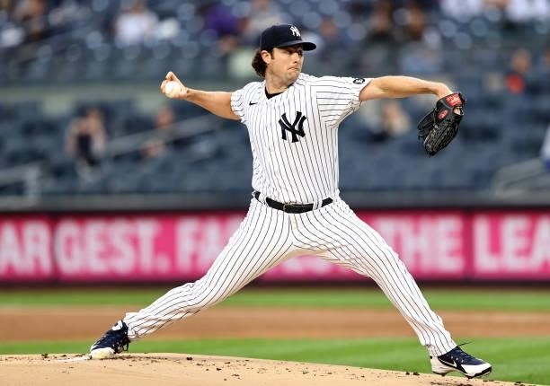 Gerrit Cole of the New York Yankees delivers a pitch in the first inning against the Kansas City Royals at Yankee Stadium on June 22, 2021 in the...