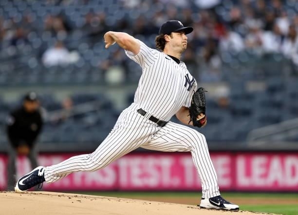 Gerrit Cole of the New York Yankees delivers a pitch in the first inning against the Kansas City Royals at Yankee Stadium on June 22, 2021 in the...