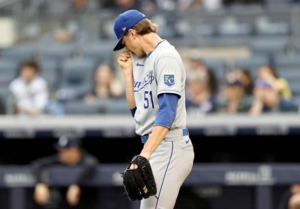 Brady Singer of the Kansas City Royals reacts in the second inning against the New York Yankees at Yankee Stadium on June 22, 2021 in the Bronx...