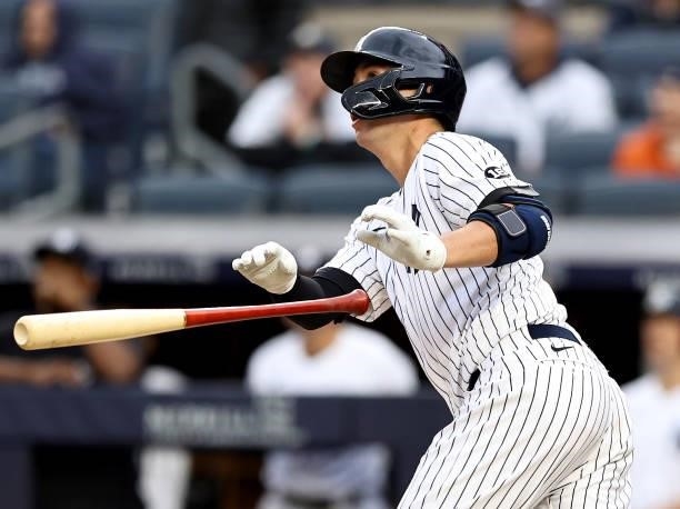 Kyle Higashioka of the New York Yankees hits a solo home run in the second inning against the Kansas City Royals at Yankee Stadium on June 22, 2021...