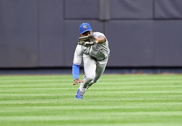 Michael A. Taylor of the Kansas City Royals catches a hit by Brett Gardner of the New York Yankees in the second inning at Yankee Stadium on June 22,...