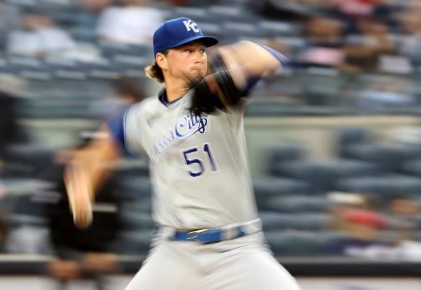 Brady Singer of the Kansas City Royals delivers a pitch in the second inning against the New York Yankees at Yankee Stadium on June 22, 2021 in the...