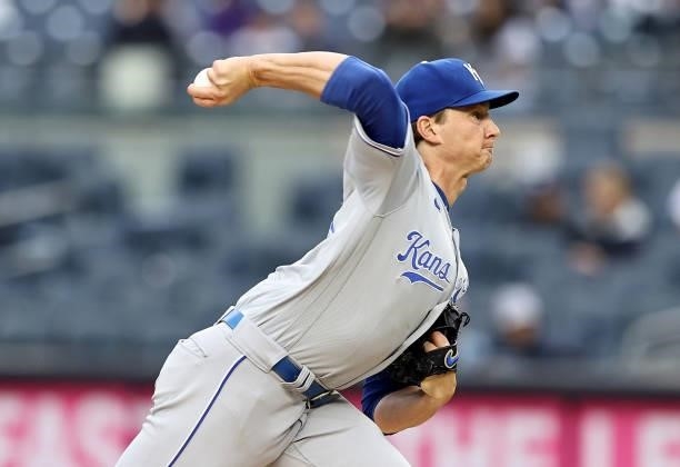 Brady Singer of the Kansas City Royals delivers a pitch in the second inning against the New York Yankees at Yankee Stadium on June 22, 2021 in the...