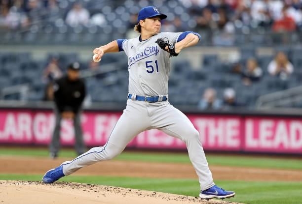 Brady Singer of the Kansas City Royals delivers a pitch in the first inning against the New York Yankees at Yankee Stadium on June 22, 2021 in the...