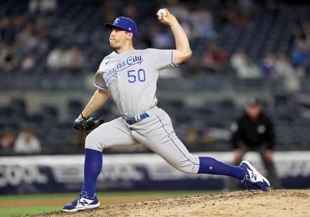 Kris Bubic of the Kansas City Royals delivers a pitch in the fifth inning against the New York Yankees at Yankee Stadium on June 22, 2021 in the...