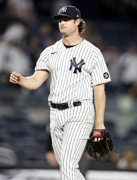 Gerrit Cole of the New York Yankees reacts after the seventh inning against the Kansas City Royals at Yankee Stadium on June 22, 2021 in the Bronx...