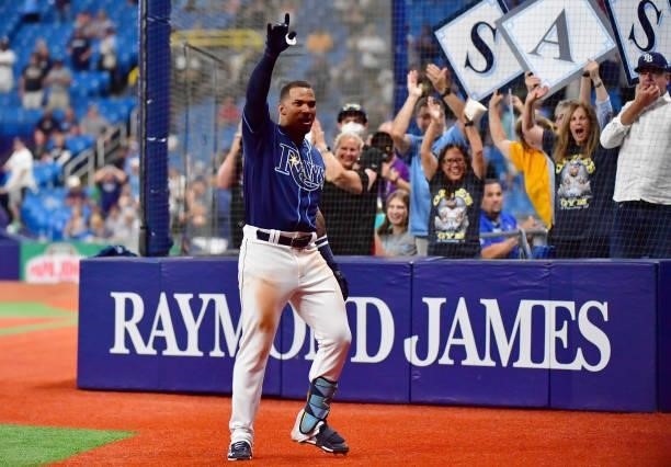 Wander Franco of the Tampa Bay Rays celebrates after hitting a three-run home run in the fifth inning against the Boston Red Sox during his Major...