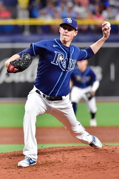 Ryan Yarbrough of the Tampa Bay Rays delivers a pitch to the Boston Red Sox in the third inning at Tropicana Field on June 22, 2021 in St Petersburg,...