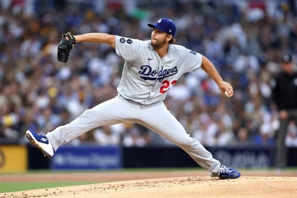 Clayton Kershaw of the Los Angeles Dodgers pitches during the first inning of a game against the San Diego Padres at PETCO Park on June 22, 2021 in...