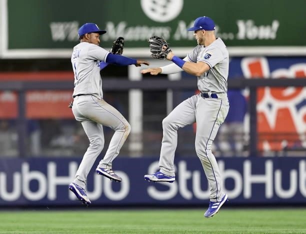 Jarrod Dyson and Hunter Dozier of the Kansas City Royals celebrate the win over the New York Yankees at Yankee Stadium on June 22, 2021 in the Bronx...