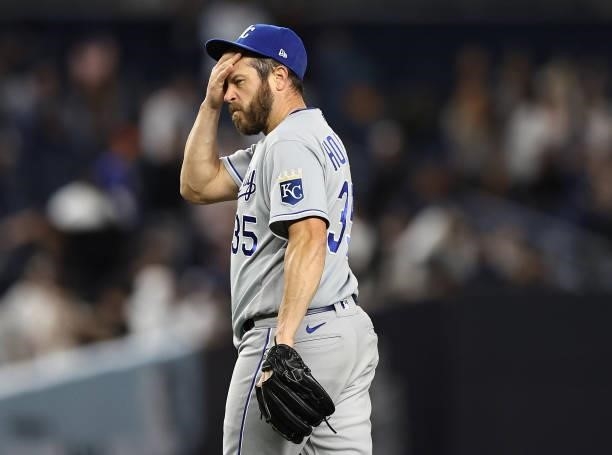 Greg Holland of the Kansas City Royals reacts in the ninth inning against the New York Yankees at Yankee Stadium on June 22, 2021 in the Bronx...