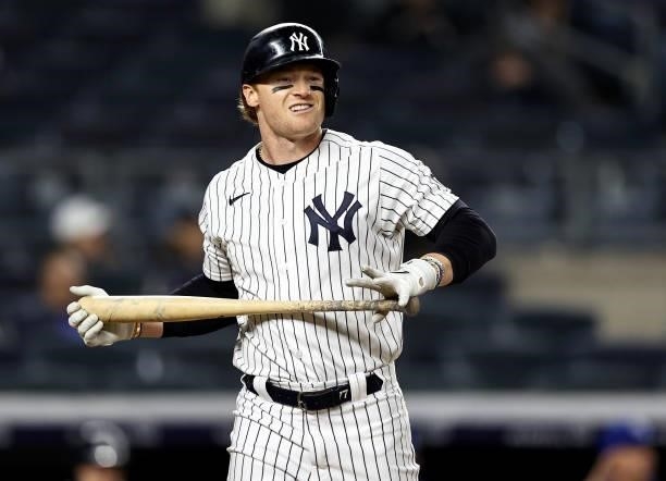 Clint Frazier of the New York Yankees reacts after striking out in the ninth inning against the Kansas City Royals at Yankee Stadium on June 22, 2021...