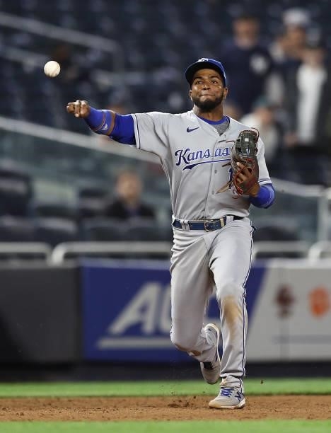 Kelvin Gutierrez of the Kansas City Royals fields a hit in the ninth inning against the New York Yankees at Yankee Stadium on June 22, 2021 in the...