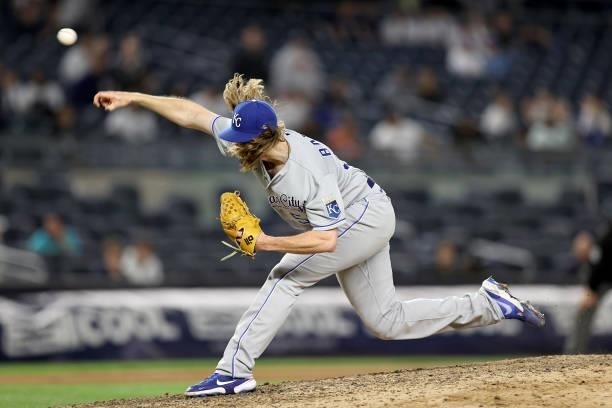Jake Brentz of the Kansas City Royals delivers a pitch in the eighth inning against the New York Yankees at Yankee Stadium on June 22, 2021 in the...