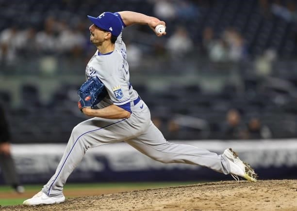 Kyle Zimmer of the Kansas City Royals delivers a pitch in the eighth inning against the New York Yankees at Yankee Stadium on June 22, 2021 in the...